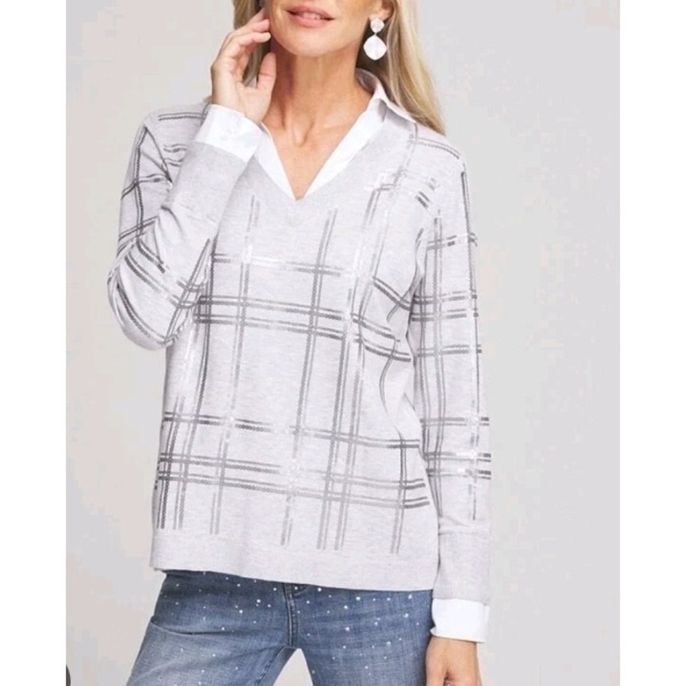 Chicos Sweater 2 / Large Layered Collared Sequin Preppy Academia Office Work